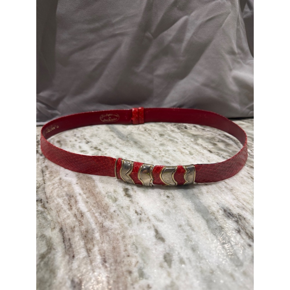 Vintage Judith Leiber Red Snake Embossed Leather Gold Tone Accent Belt